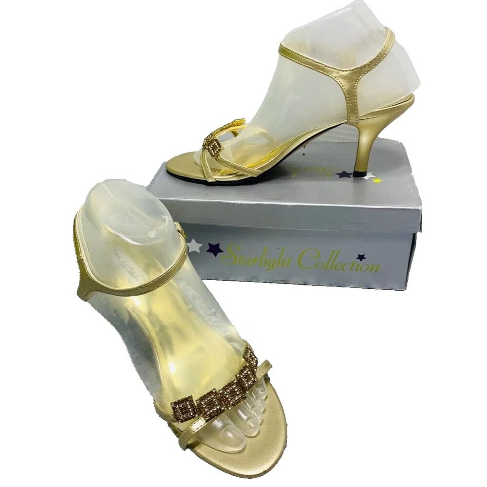 Rio Gold Open Toe Rhinestone Holiday Wedding Prom Shoes Size 8 D